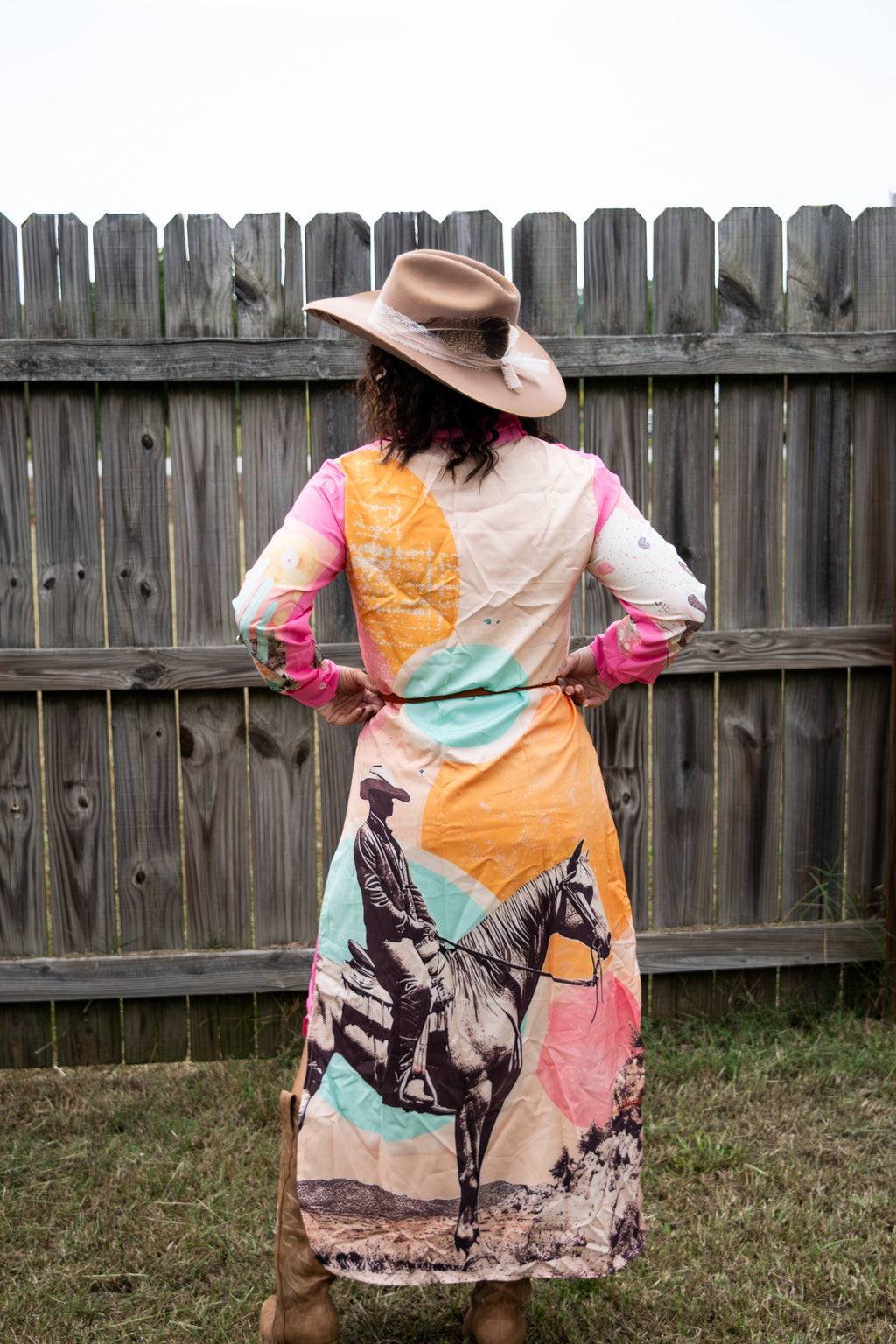 Baha Ranch Retro Pop Western Desert Cowboy Button Up Shirt Dress Duster