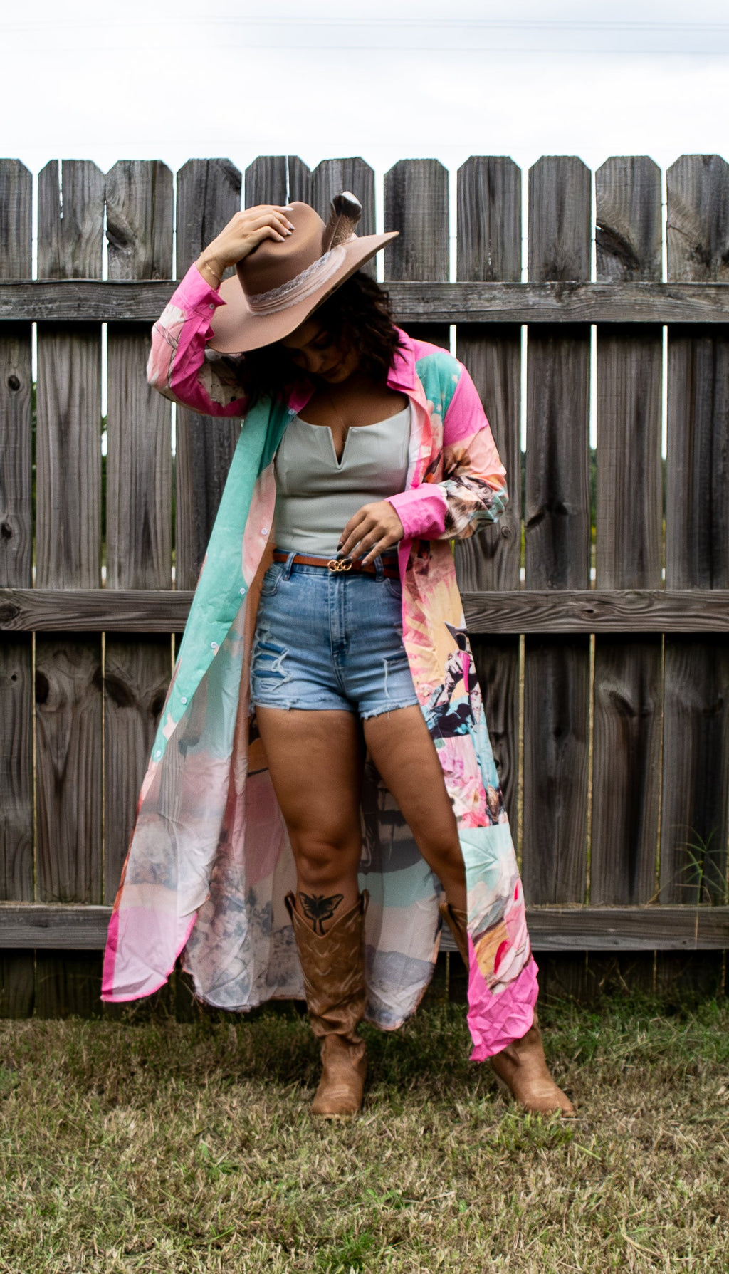 Baha Ranch Retro Pop Western Desert Cowboy Button Up Shirt Dress Duster