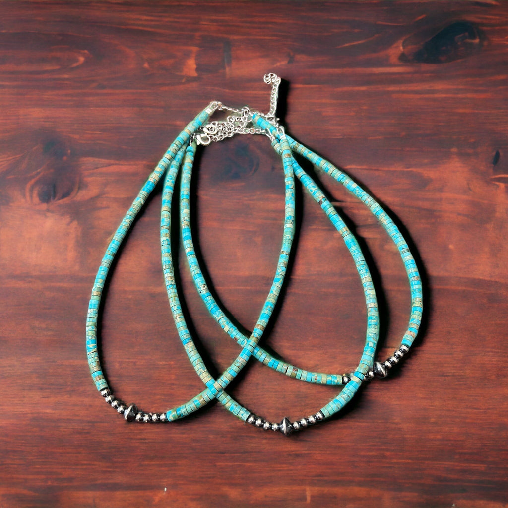 4mm Sterling Pearls and Sterling Saucer Accent Bead Turquoise Choker - 14 inch